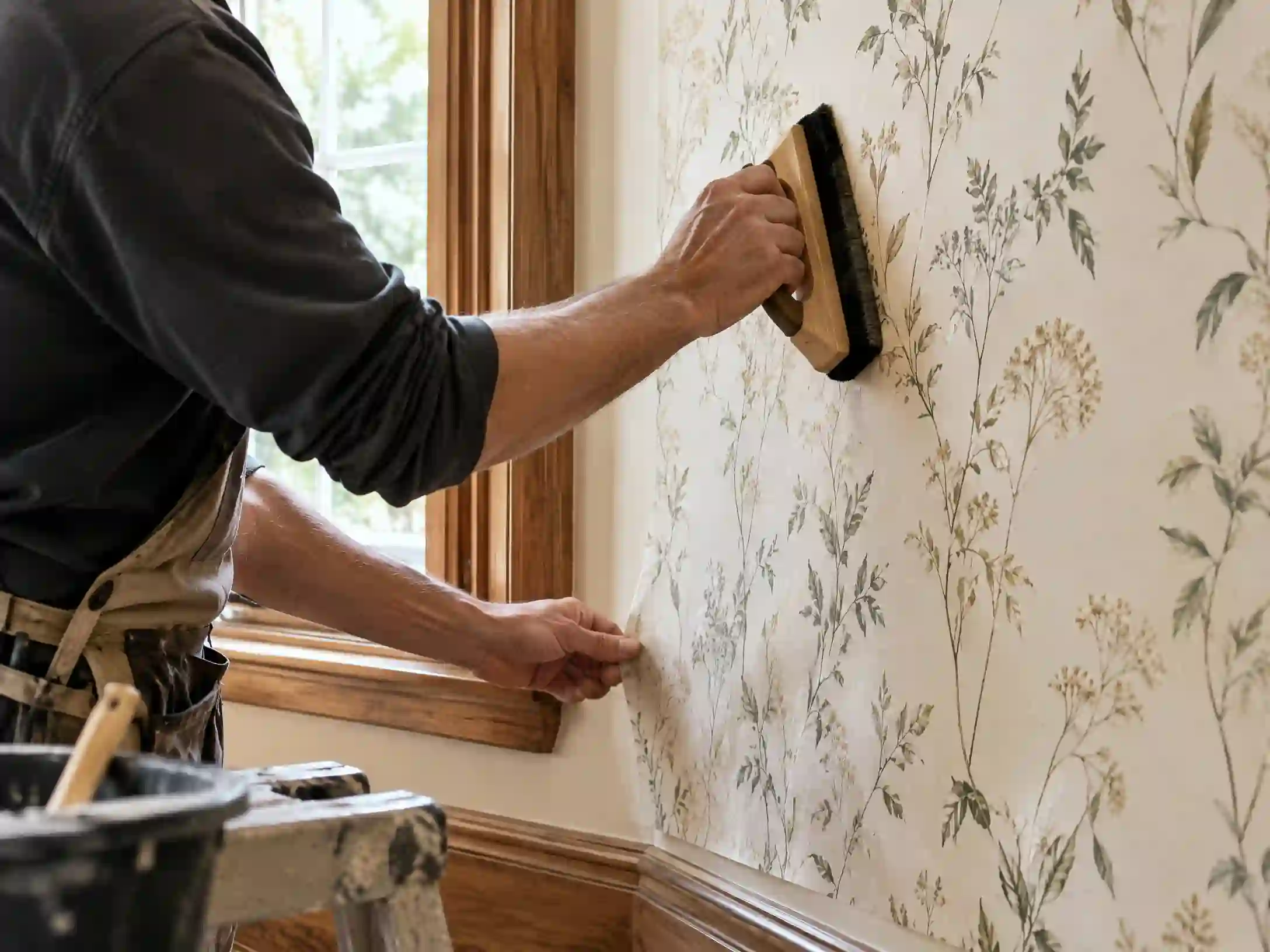 Professional wallpaper installer working on a craft-focused interior installation